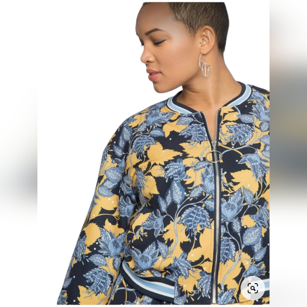 ELOQUII Women's Plus Size Yellow and Navy Floral Full-Zip Jacket Size 16